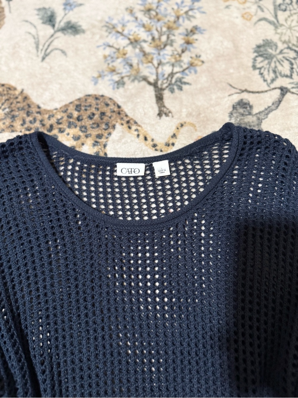 Cato navy blue open-knit sweater featuring decorstive crochet floral patches L - Picture 2 of 8